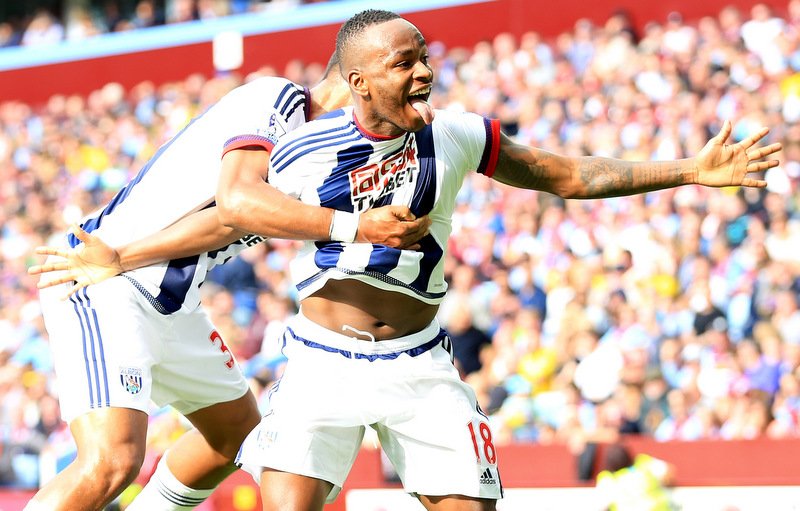 19th September 2015 - Barclays Premier League - Aston Villa v West Bromwich Albion - Saido Berahino of West Bromwich Albion scores the opening goal for the away side (0-1) - Photo: Paul Roberts / Offside.