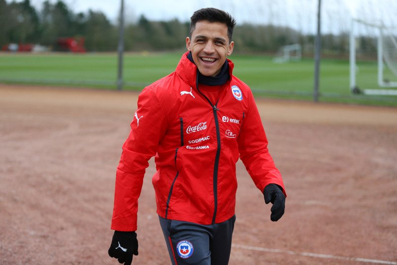 28 March 2015 - International Football Friendly - Chile Training - Alexis Sanchez of Chile reacts as he joins the training session - Photo: Marc Atkins / Offside.