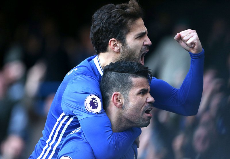 11 December 2016 - Premier League Football - Chelsea v West Bromwich AlbionDiego Costa of Chelsea celebrates scoring their 1st goal with Cesc Fabregas of ChelseaPhoto: Charlotte Wilson