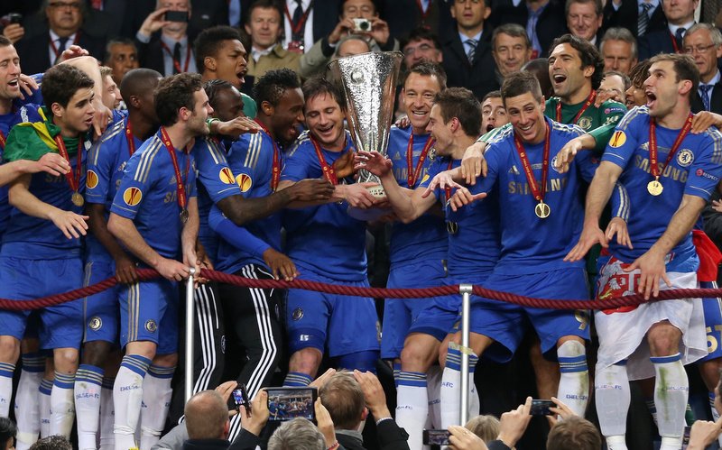 15th May 2013 - UEFA Europa League Final - SL Benfica v Chelsea - Frank Lampard of Chelsea and John Terry of Chelsea combine to lift the trophy alongside their teammates - Photo: Simon Stacpoole / Offside.